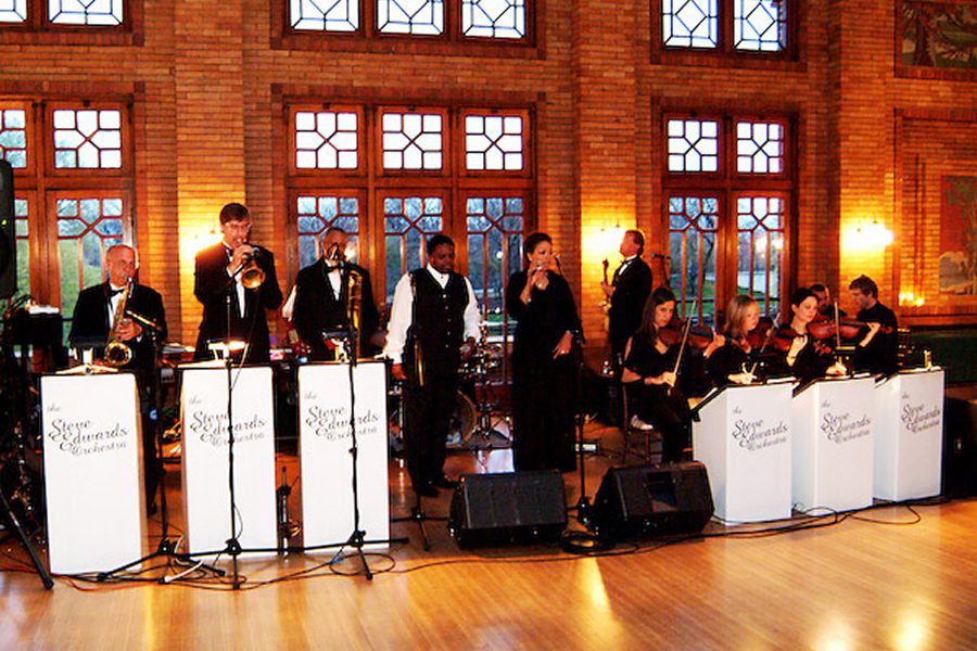 Jazz band performing in elegant indoor venue.