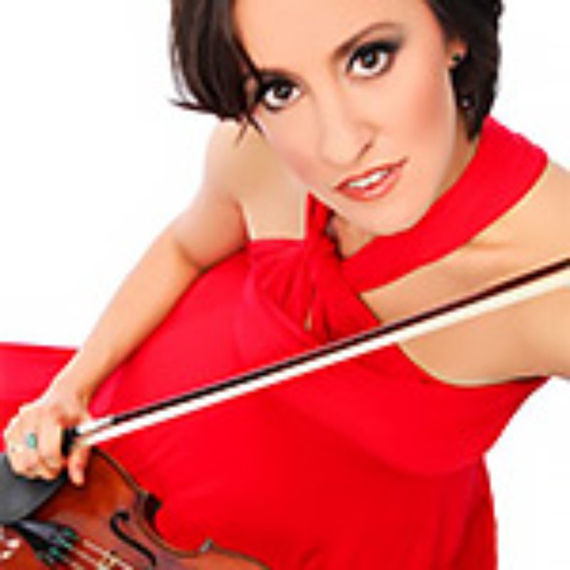 Woman in red dress playing violin.